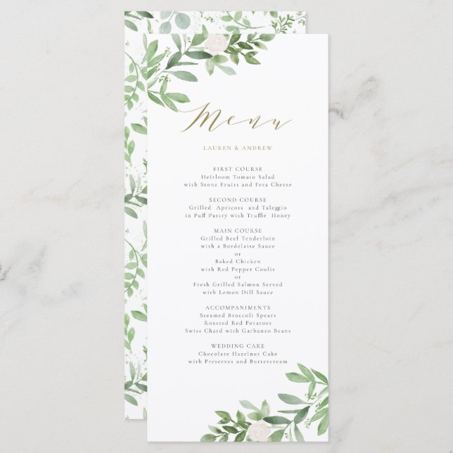 Watercolor Greenery and White Flowers Wedding Menu (Front/Back)