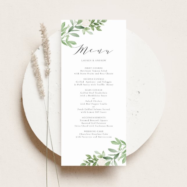 Watercolor Greenery and White Flowers Wedding Menu (Customizable botanical menu card featuring greenery and white flowers)