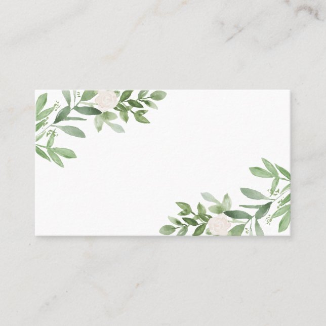 Watercolor Greenery and White Flowers Wedding Place Card (Front)