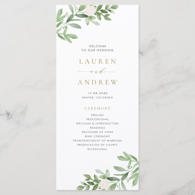 Watercolor Greenery and White Flowers Wedding Programme (Front)