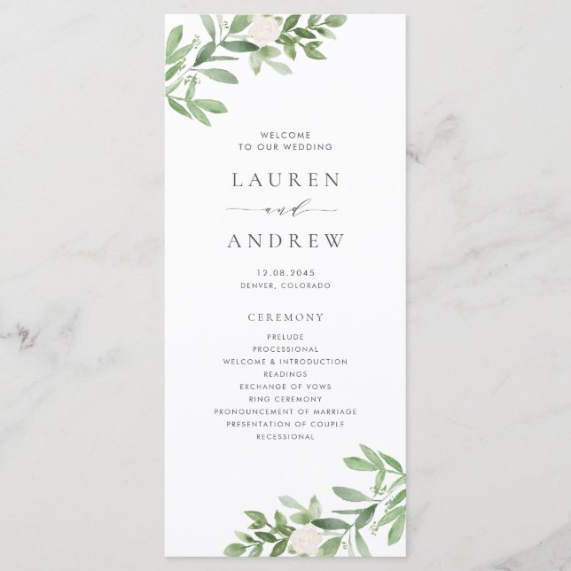 Watercolor Greenery and White Flowers Wedding Programme (Front)