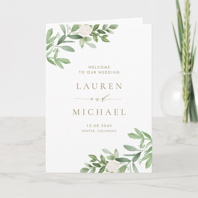 Watercolor Greenery and White Flowers Wedding Programme (Front)
