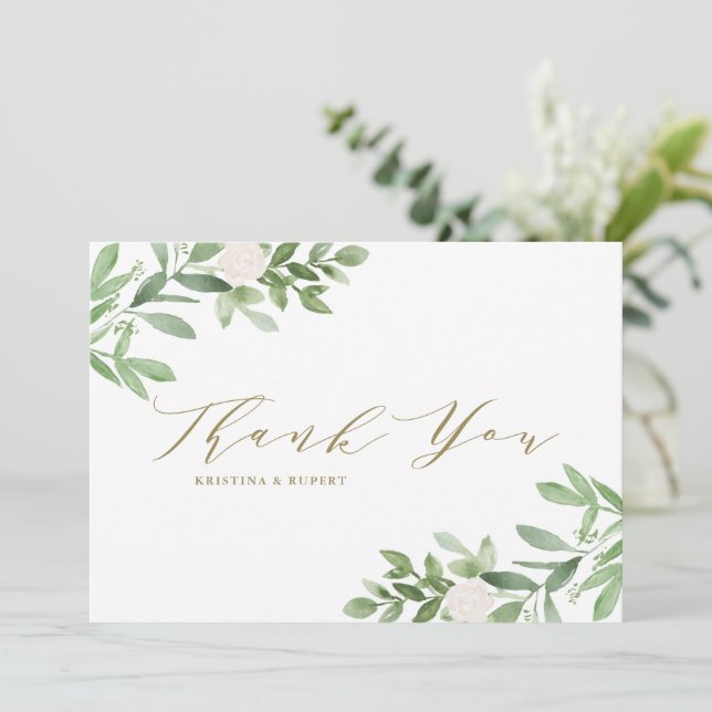 Watercolor Greenery and White Flowers Wedding Thank You Card (Standing Front)