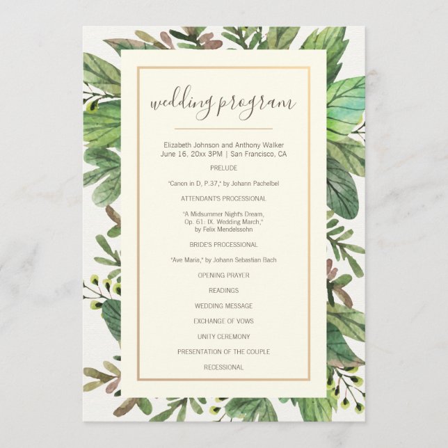 Watercolor Greenery and Woodsy Wedding Programme (Front)