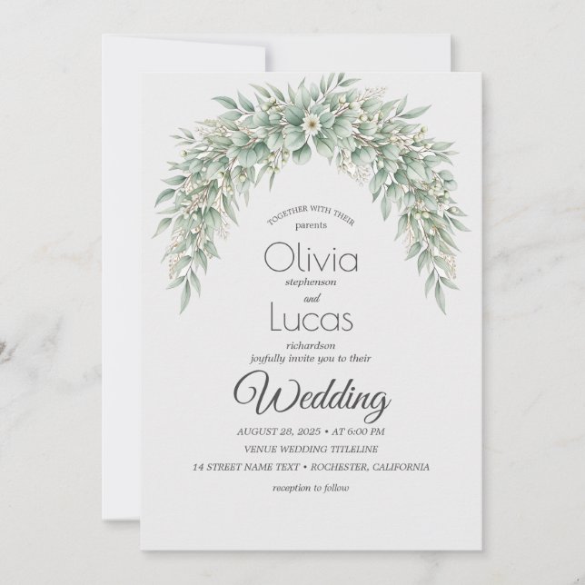 Watercolor Greenery Arch Wedding Invitation Templa (Front)