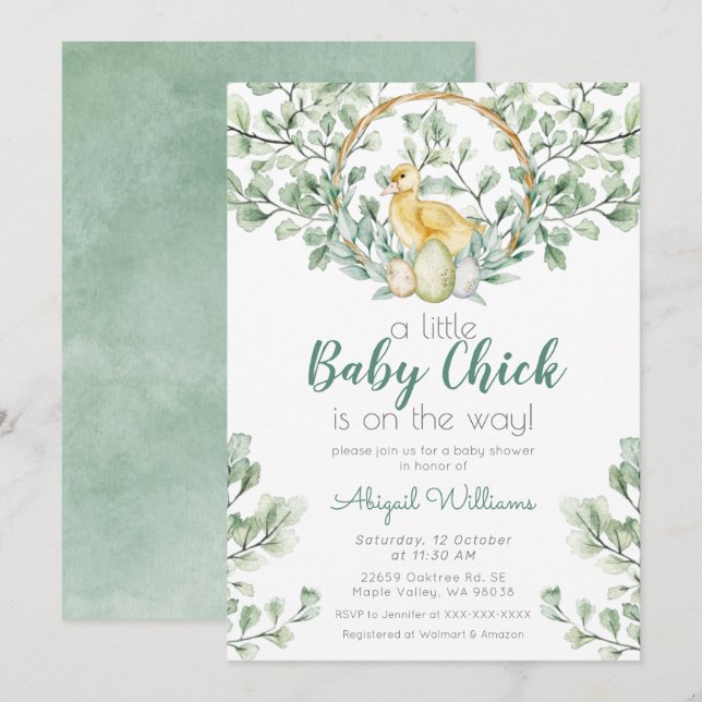 Watercolor Greenery Baby Chick Baby Shower Invitation (Front/Back)