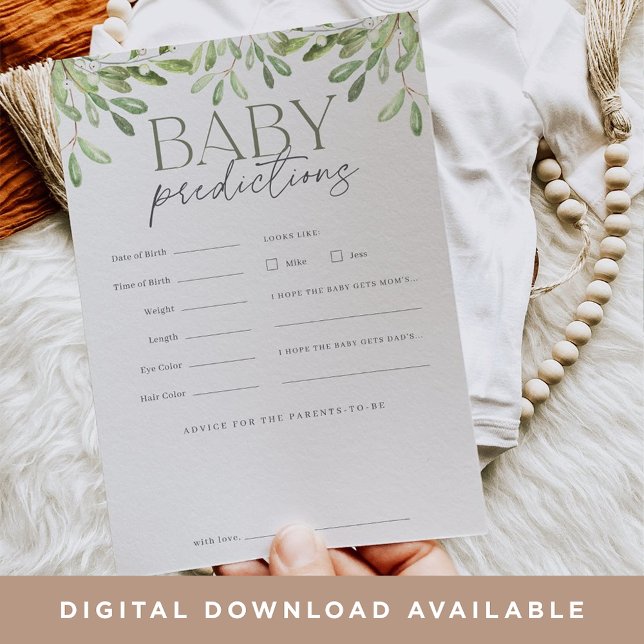 Watercolor Greenery Baby Predictions Game Card (Creator Uploaded)