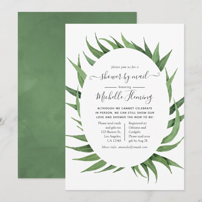 Watercolor Greenery Baby Shower by Mail Invitation (Front/Back)