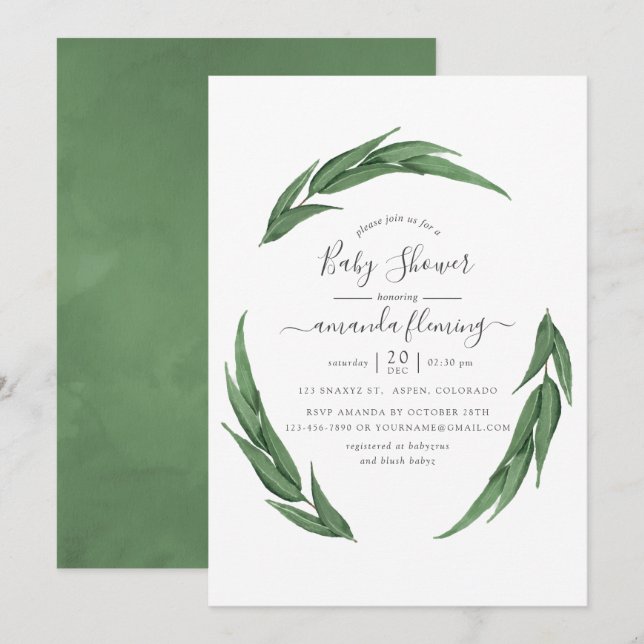 Watercolor Greenery Baby Shower Invitation (Front/Back)