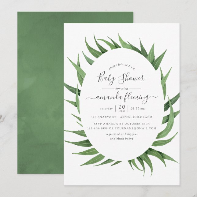 Watercolor Greenery Baby Shower Invitation (Front/Back)
