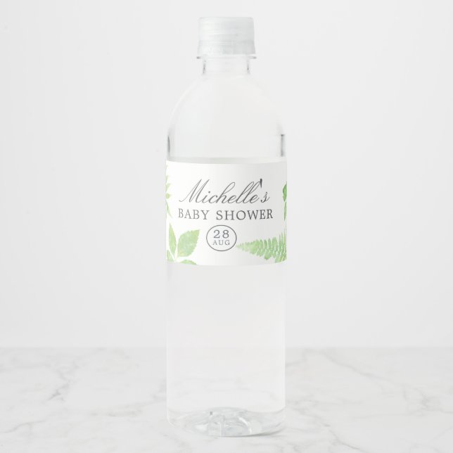 Watercolor Greenery Baby Shower Water Bottle Label (Front)
