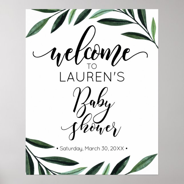 Watercolor Greenery Baby Shower Welcome Poster (Front)