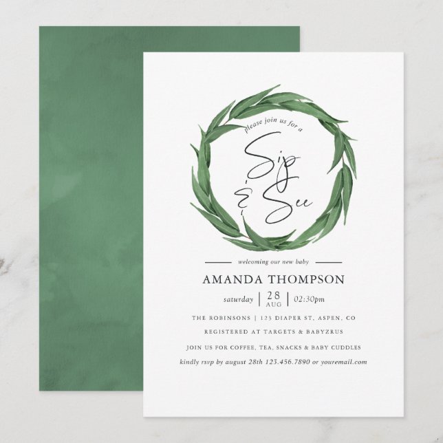 Watercolor Greenery Baby Sip and See Invitation (Front/Back)