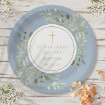 Watercolor Greenery Baptism Christening Blue Paper Plate<br><div class="desc">Featuring delicate watercolor leaves and an elegant gold crucifix,  this chic baptism or christening plate can be personalised with your special event information on a dusty blue background. Designed by Thisisnotme©</div>