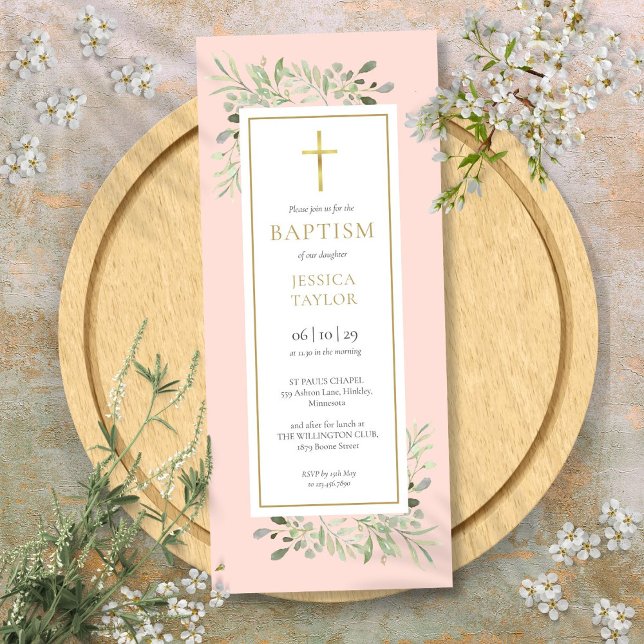 Watercolor Greenery Baptism Christening Blush Pink Invitation (Watercolor Greenery Baptism Christening Blush Pink Invitation)