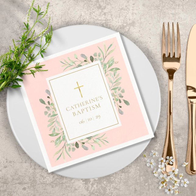 Watercolor Greenery Baptism Christening Blush Pink Napkin (Creator Uploaded)