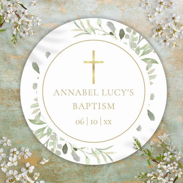 Watercolor Greenery Baptism Christening Classic Round Sticker (Watercolor Greenery Baptism Christening Classic Round Sticker)