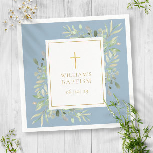 Watercolor Greenery Baptism Christening Dusty Blue Napkin