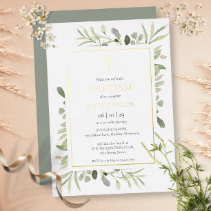 Watercolor Greenery Baptism Christening Gold