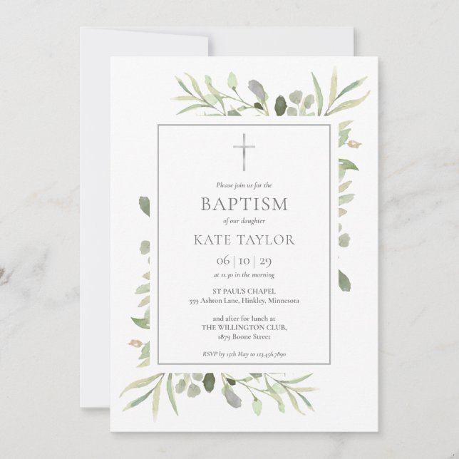Watercolor Greenery Baptism Christening Invitation (Front)