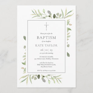 Watercolor Greenery Baptism Christening Invitation