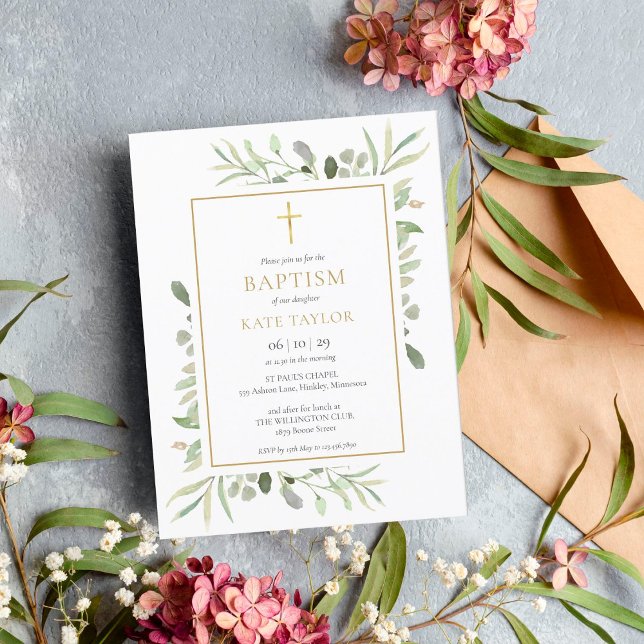 Watercolor Greenery Baptism Christening Invitation Postcard (Creator Uploaded)
