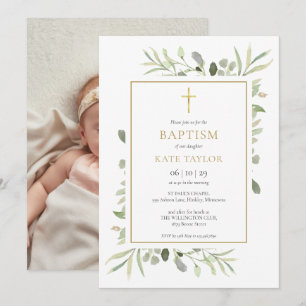 Watercolor Greenery Baptism Christening Photo Invitation
