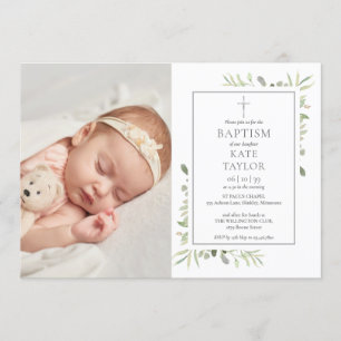 Watercolor Greenery Baptism Christening Photo Invitation
