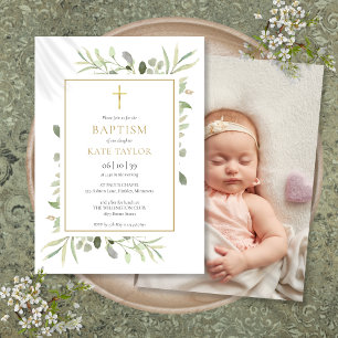 Watercolor Greenery Baptism Christening Photo Invitation