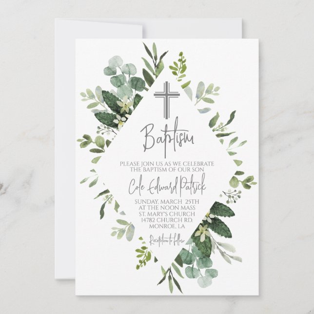 Watercolor Greenery Baptism Invitation (Front)