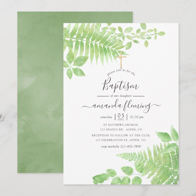 Watercolor Greenery Baptism Invitation (Front/Back)