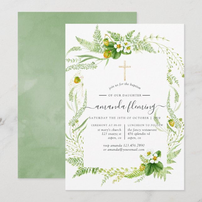Watercolor Greenery Baptism or Christening Invitation (Front/Back)
