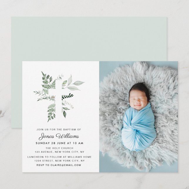 watercolor greenery Baptism photo invitation (Front/Back)