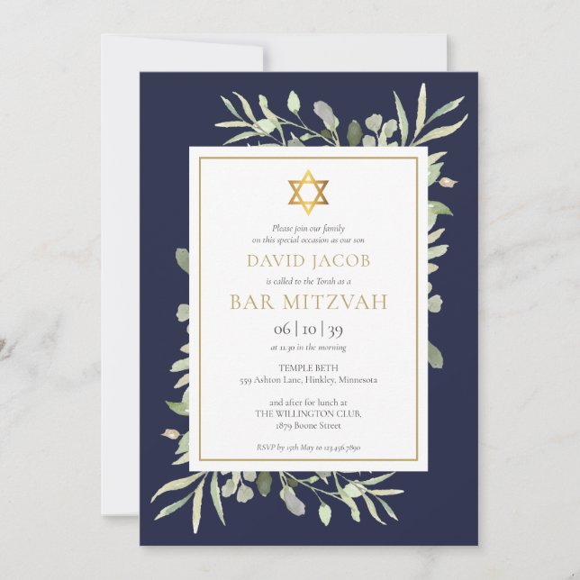 Watercolor Greenery Bar Mitzvah Navy Blue Invitation (Front)