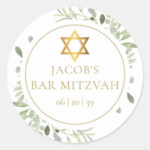 Watercolor Greenery Bat Bar Mitzvah Classic Round Sticker