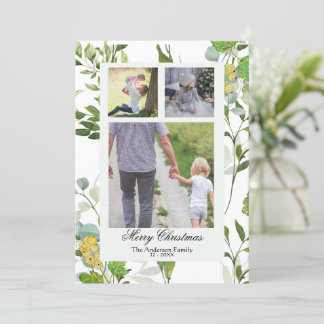 Watercolor Greenery & berries 3 Photo Christmas Holiday Card