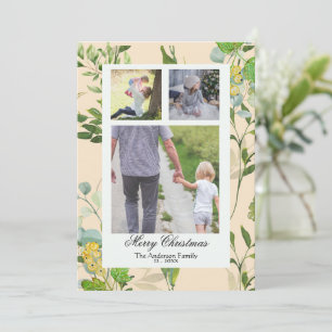 Watercolor Greenery & berries 3 Photo Christmas Holiday Card
