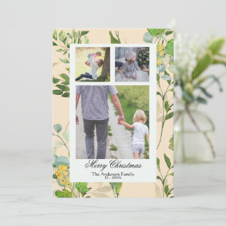 Watercolor Greenery & berries 3 Photo Christmas Holiday Card