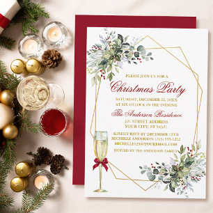 Watercolor Greenery Berries Christmas Gold Red Invitation