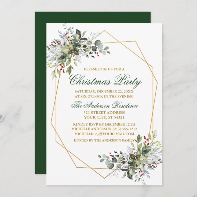 Watercolor Greenery Berries Christmas Green Gold Invitation (Front/Back)