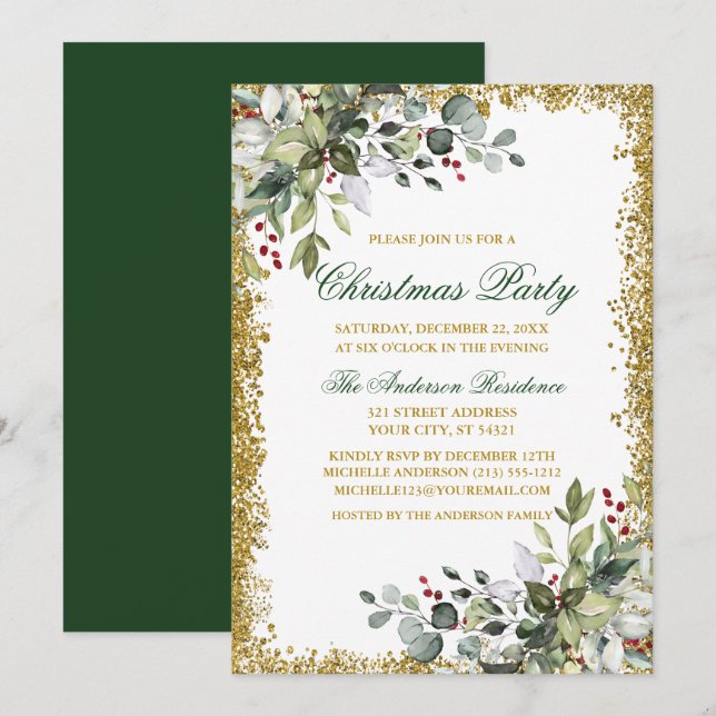 Watercolor Greenery Berries Gold Glitter Christmas Invitation (Front/Back)