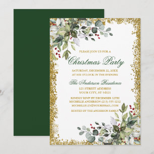 Watercolor Greenery Berries Gold Glitter Christmas Invitation