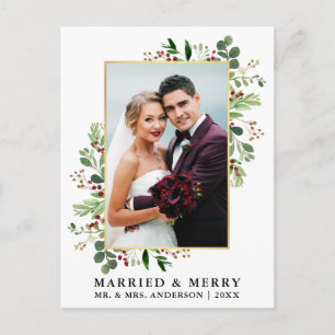 Watercolor Greenery Berries Gold Married & Merry Postcard
