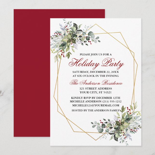 Watercolor Greenery Berries Holiday Party Red Invitation (Front/Back)