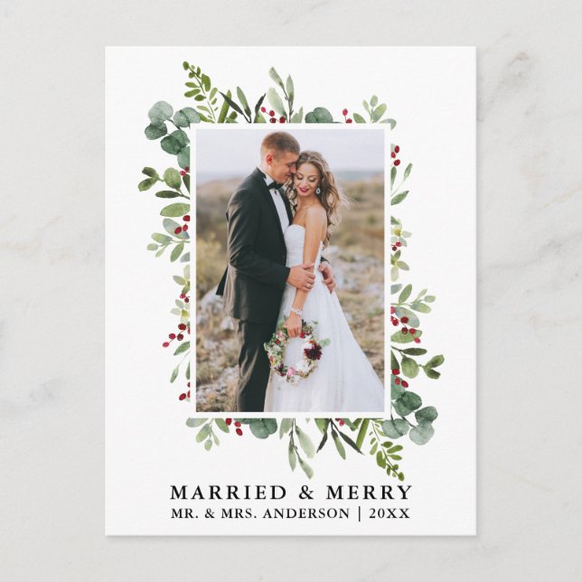 Watercolor Greenery Berries Married & Merry Postcard (Front)