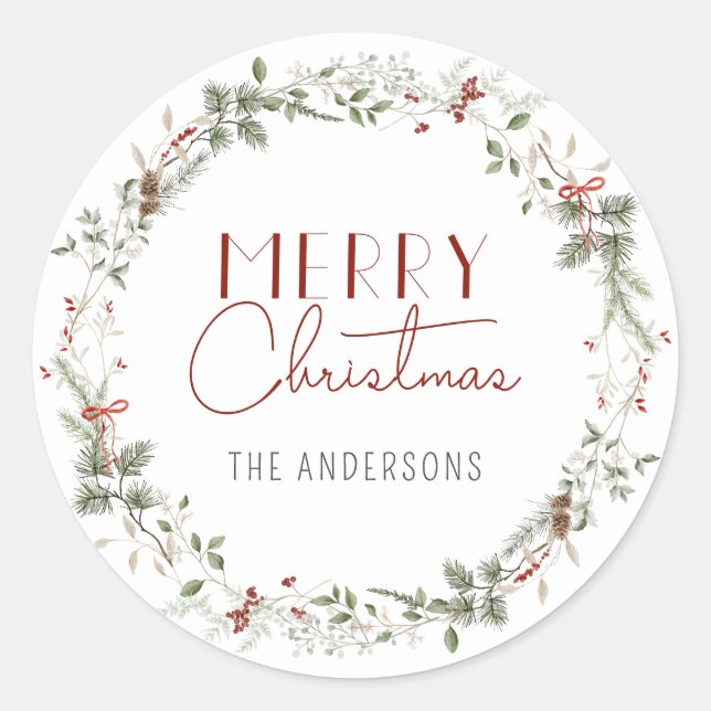 Watercolor Greenery Berries Merry Christmas Wreath Classic Round Sticker (Front)