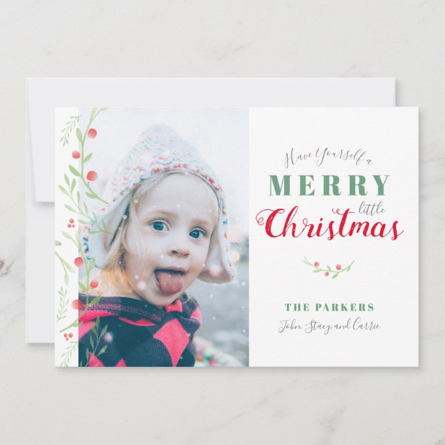 Watercolor Greenery Berries Merry Little Christmas Holiday Card (Front)