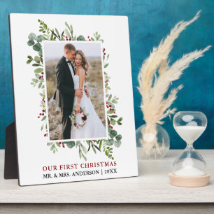 Watercolor Greenery Berries Newlywed Photo Plaque