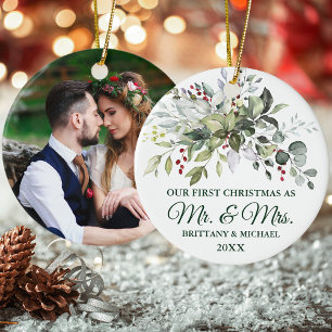 Watercolor Greenery Berries PHOTO BACK Christmas Ceramic Tree Decoration
