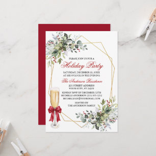 Watercolor Greenery Berry Red Bow Holiday Party Invitation